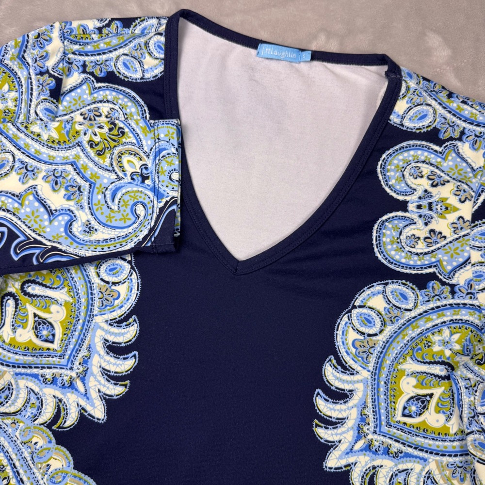 J.McLaughlin Catalina Cloth Paisley V-Neck 3/4 Sleeve Top Navy Blue Green Small